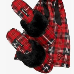 Victoria's Secret Red Plaid Slippers with Black Fur
